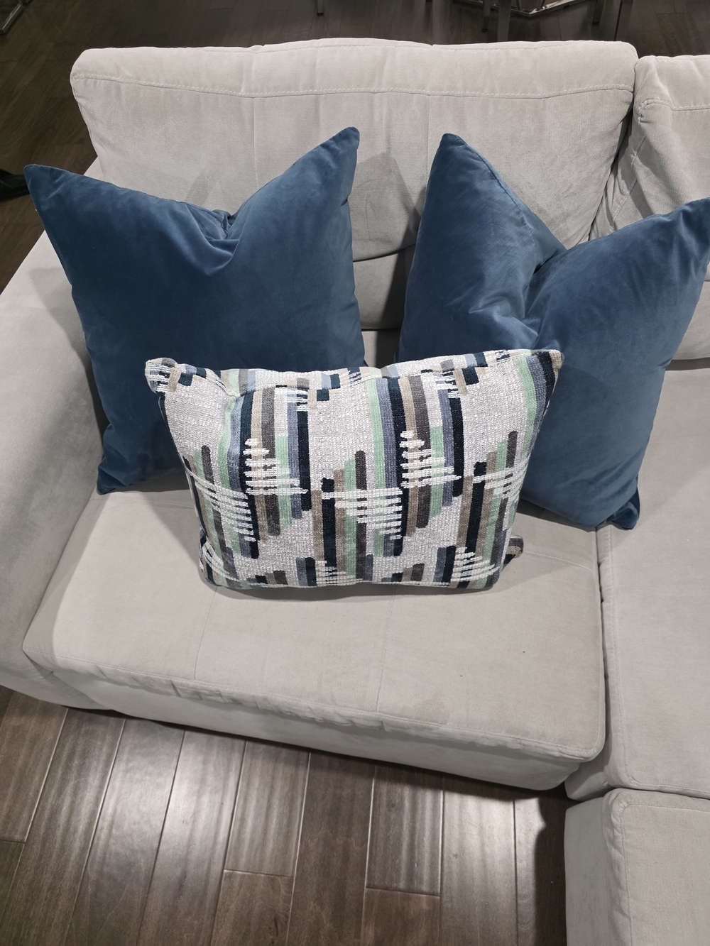 3 Blue Velvet Throw Pillows with Multi-Color Patterned Accent Pillow